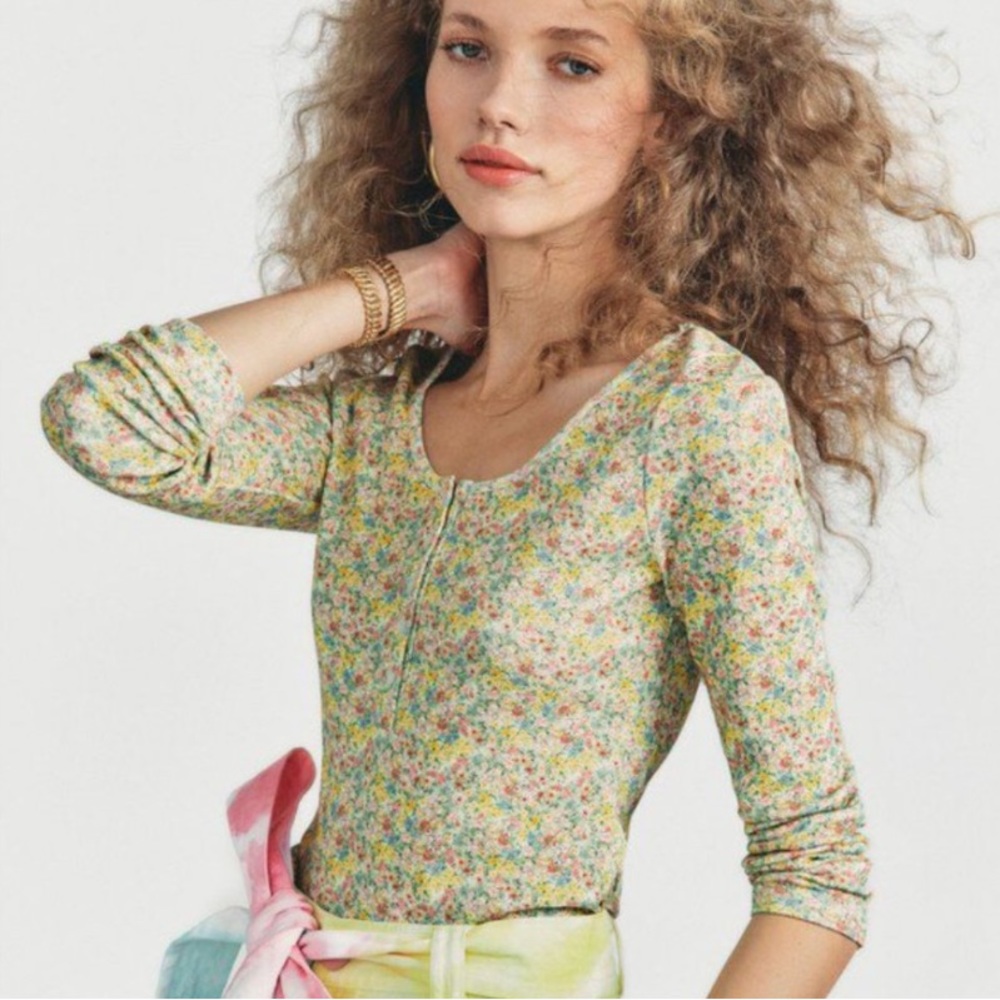 LoveShackFancy Anaya Floral Henley Top Long Sleeve